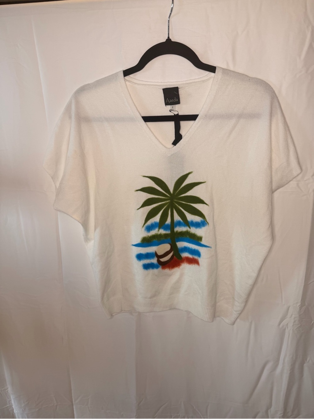 Azeda White V-Neck Palm Tree Print Short Sleeve Top